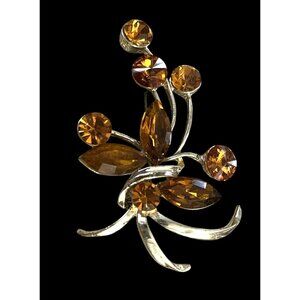 Vintage Gold-Tone Floral Brooch With Amber Rhinestones 2 1/4" L X 1 3/8" W
